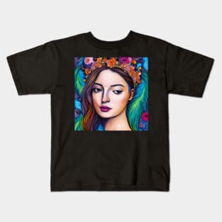 Woman in Floral and Feather Crown / Headdress Kids T-Shirt